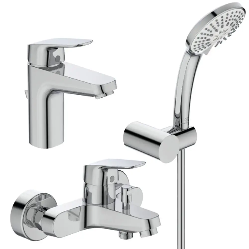 Armaturenpaket von Ideal Standard mit einem Waschtisch-Armatur, einer Badewannenarmatur und einer Handbrause, alle in glänzendem Chrom-Finish.